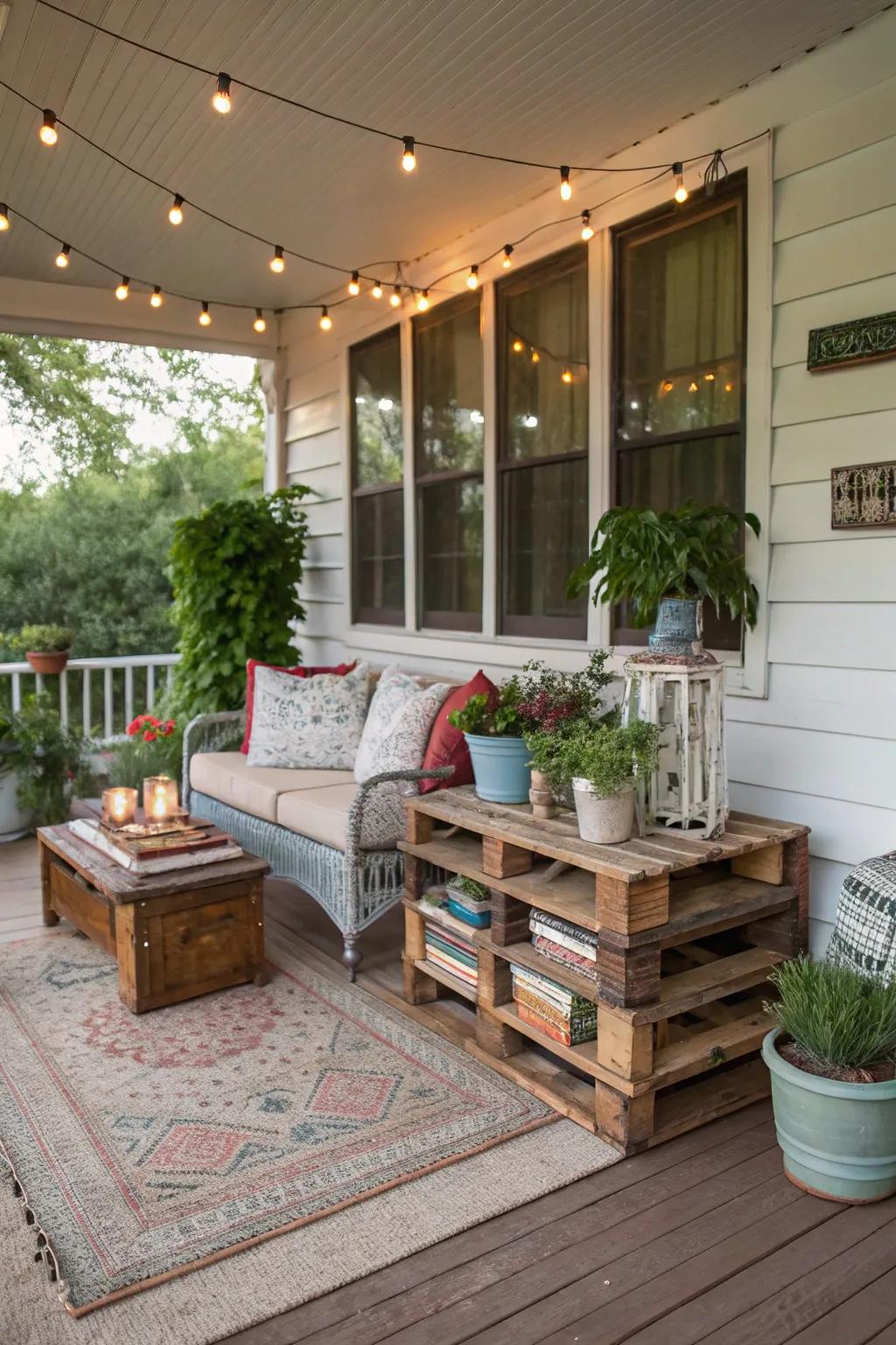 An upcycled pallet table adds rustic charm to your porch.