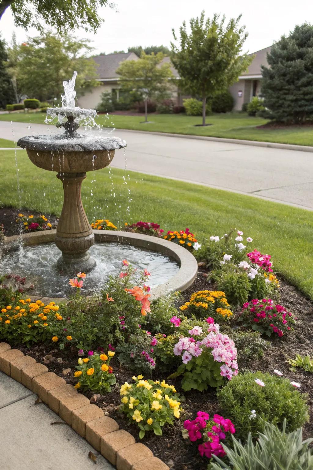 Add tranquility with a water feature in your flower beds.