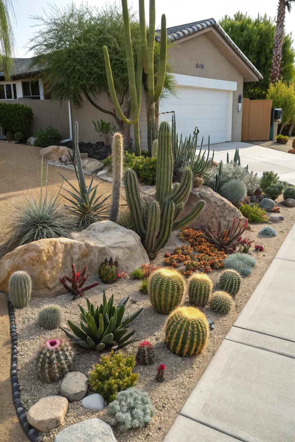 Cacti offer a striking and low-maintenance option.