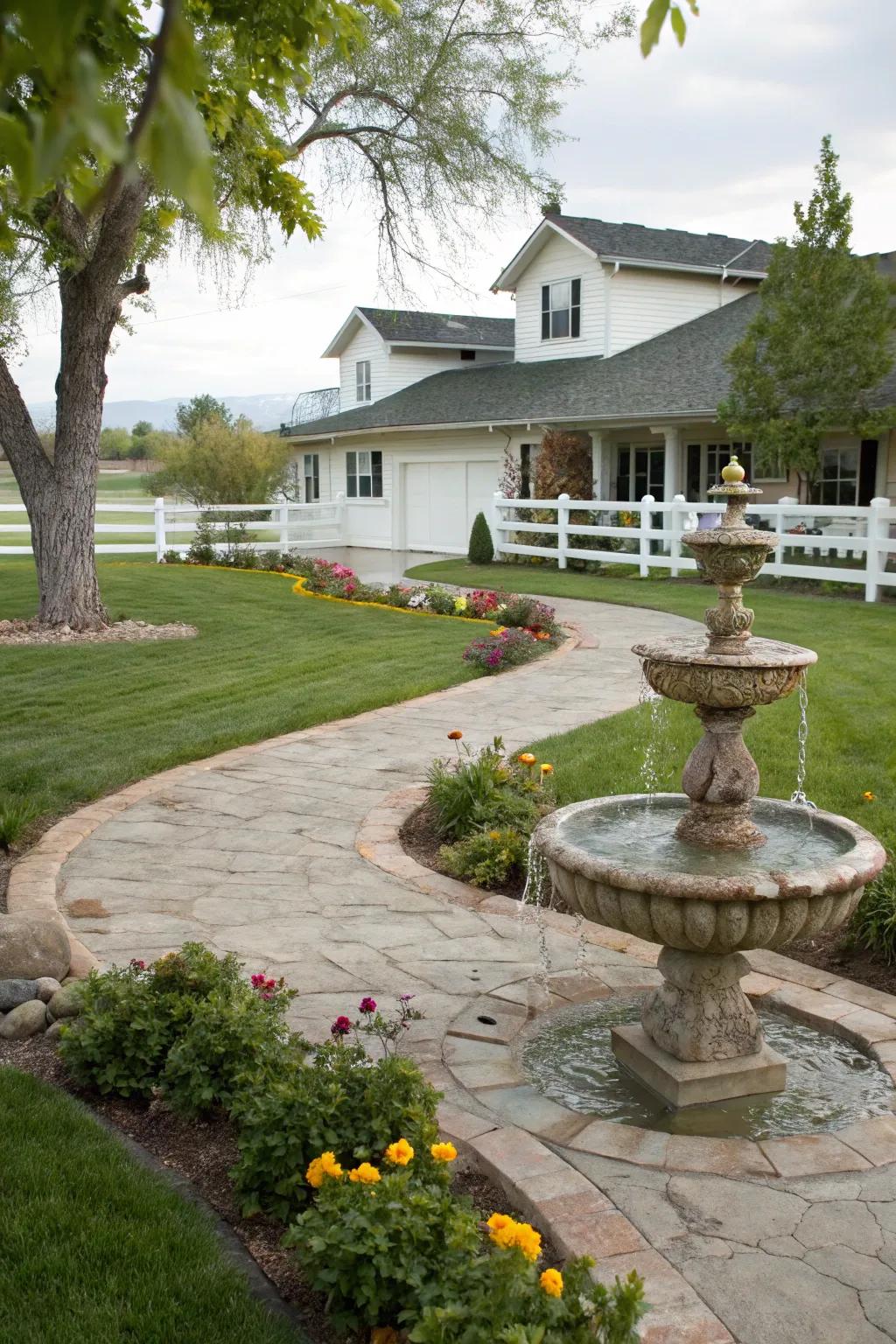 A water feature serving as a focal point in the front yard