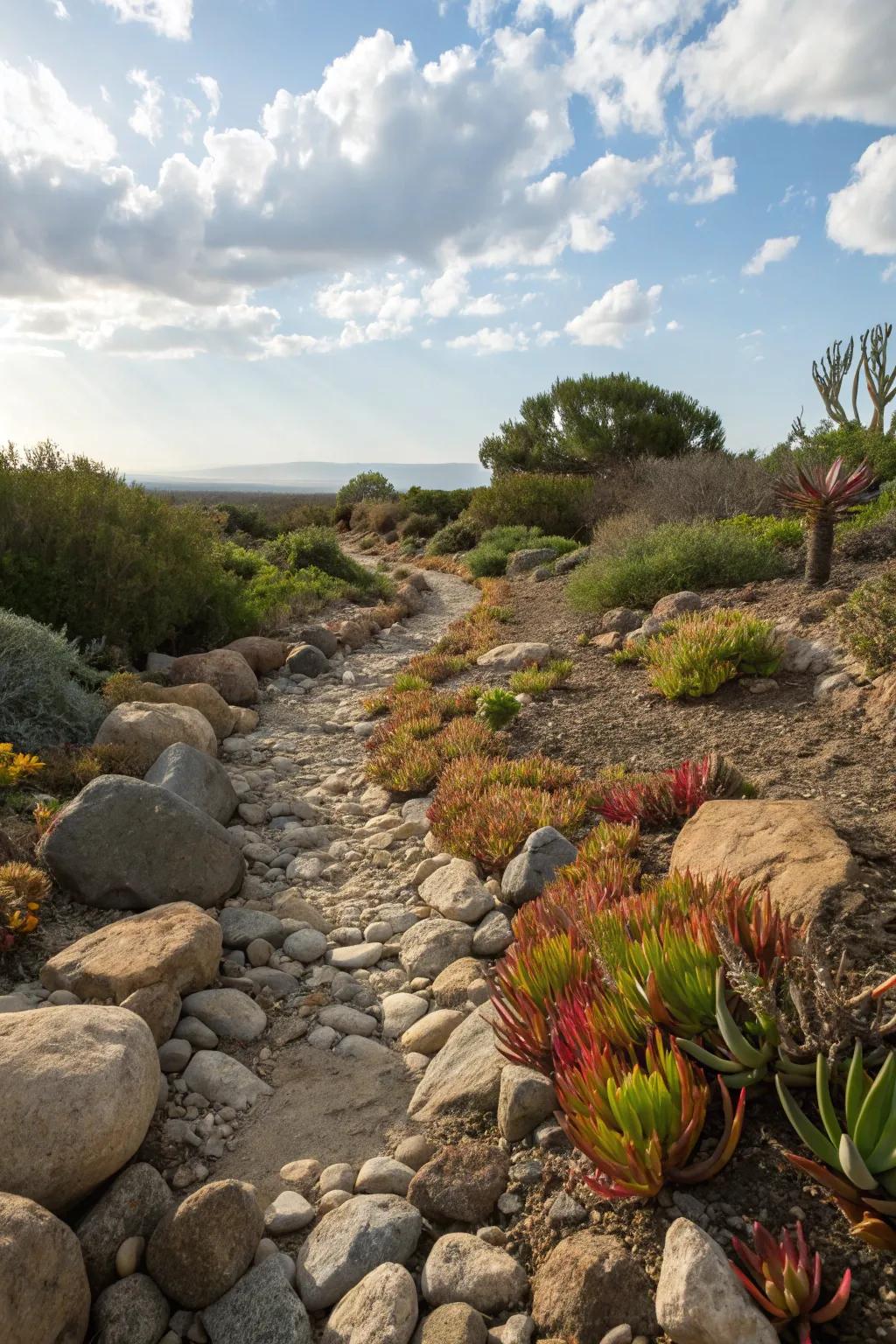 Dry creek beds add movement to drought-friendly gardens.