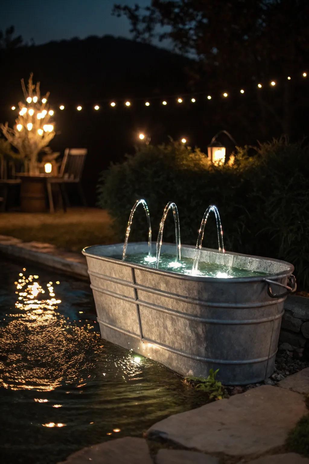 Underwater LED lights illuminate a trough fountain at night.