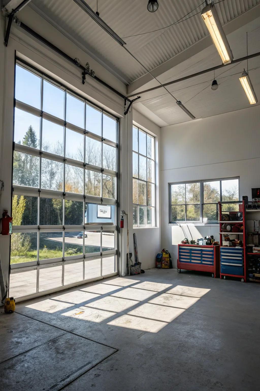 A well-ventilated garage space with strategically placed windows.