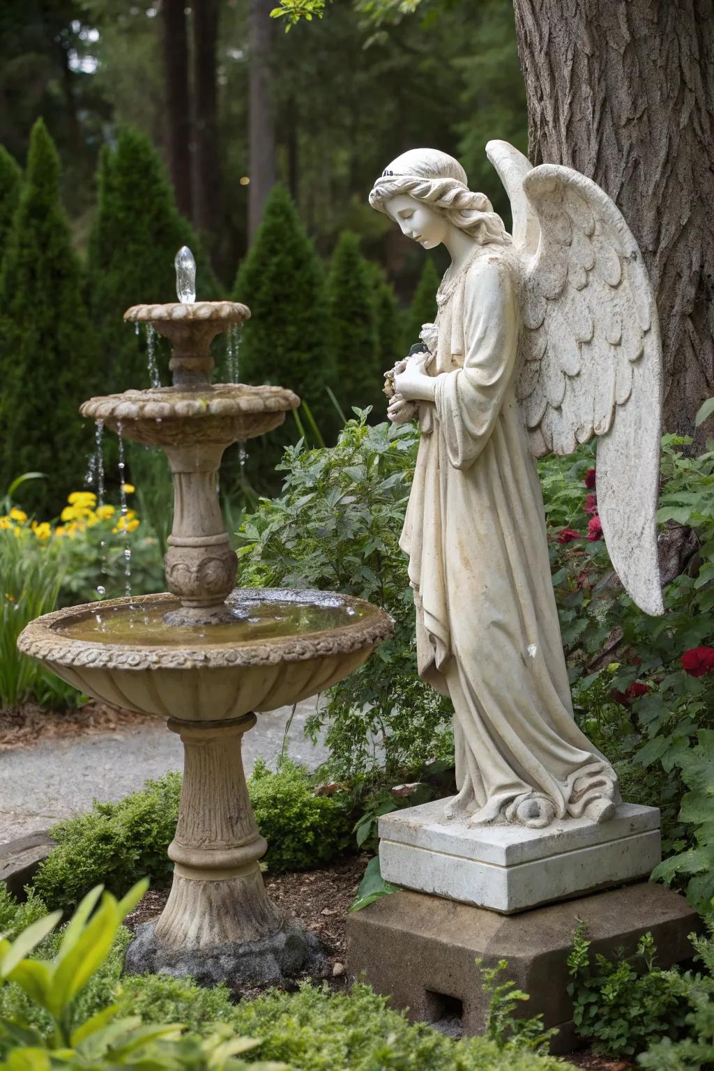 Angel statue watching over a calming water feature.