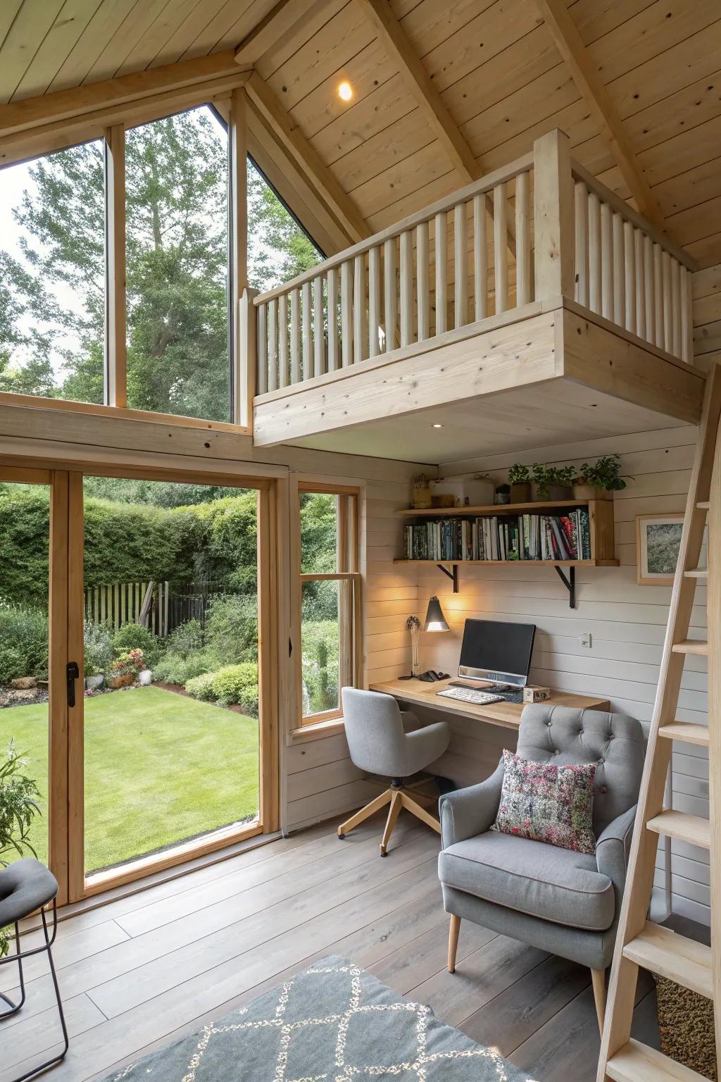 A creative lofted garden office, maximizing vertical space elegantly.