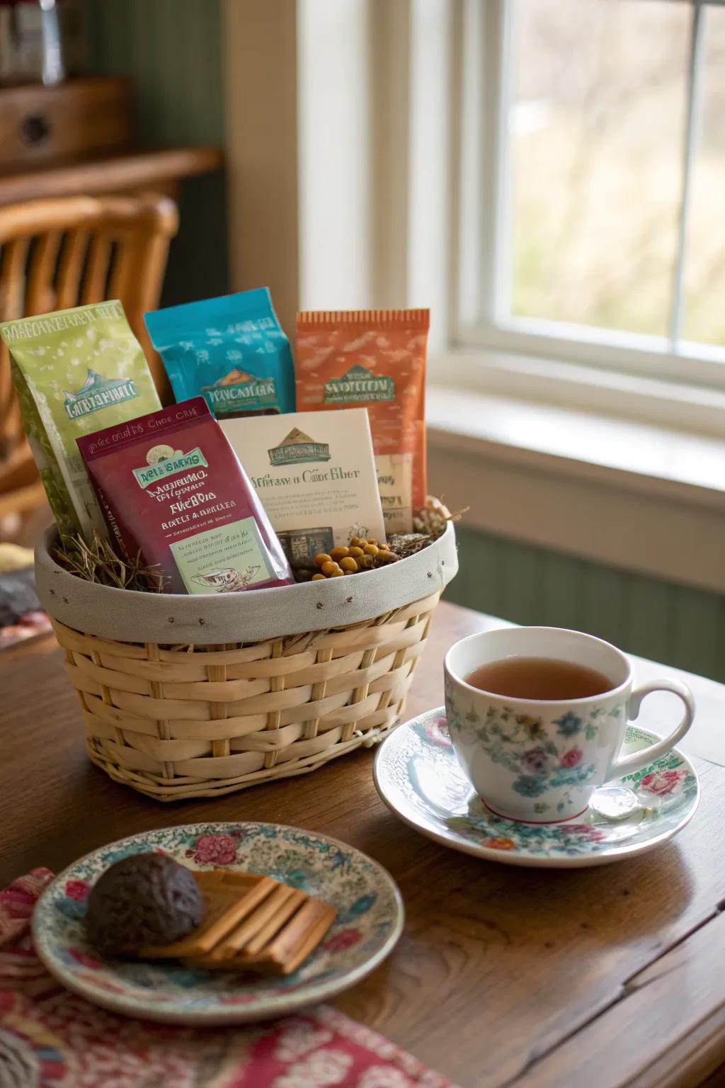 A tea-themed gift basket perfect for tea enthusiasts.