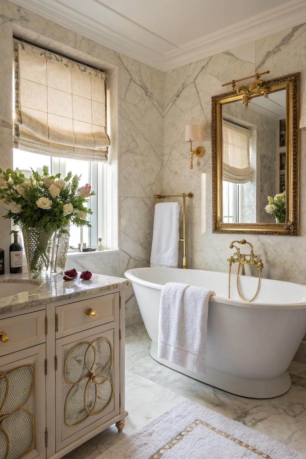 A luxurious bathroom with a freestanding tub and elegant decor.