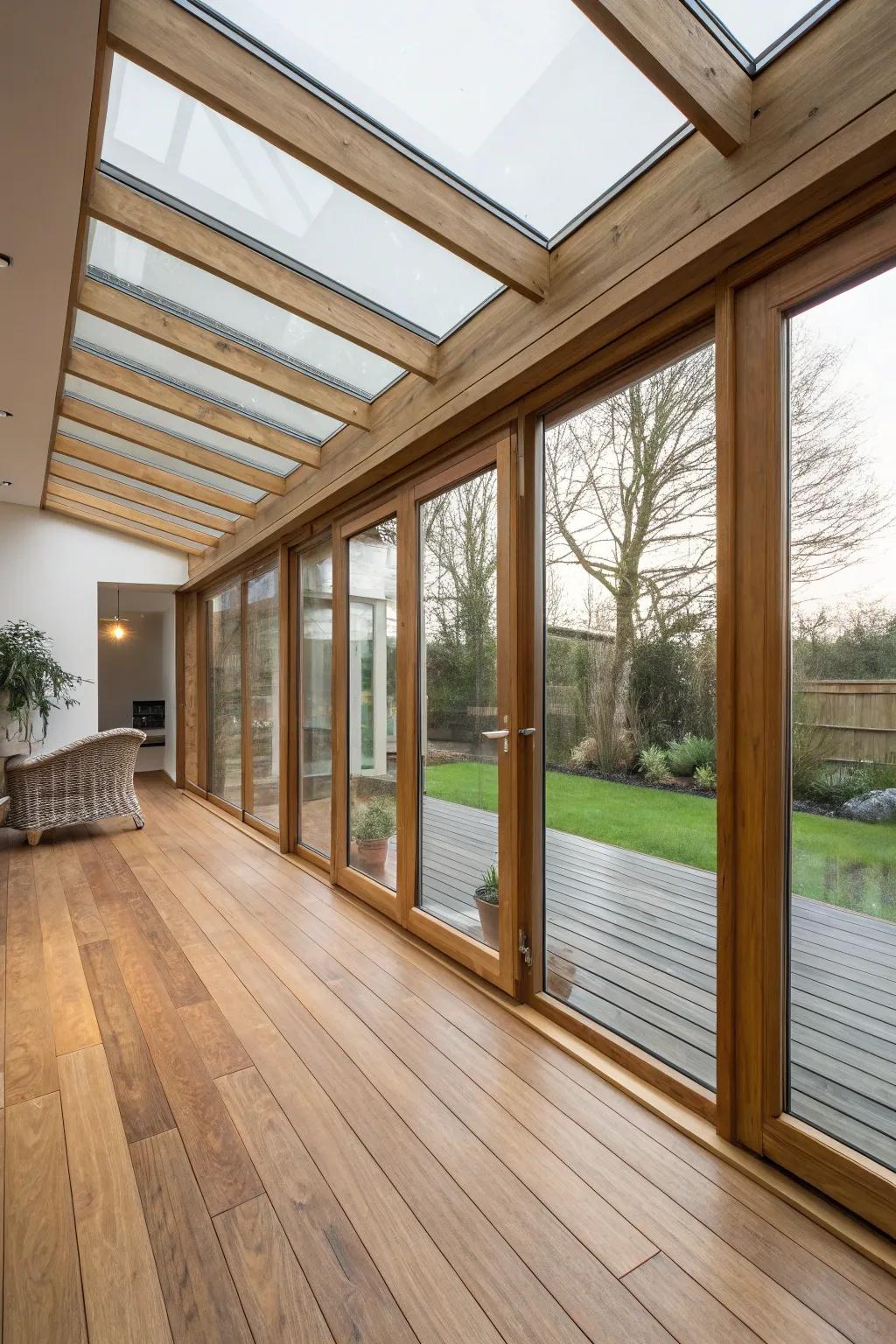 Natural wood elements that bring warmth to a glass extension.