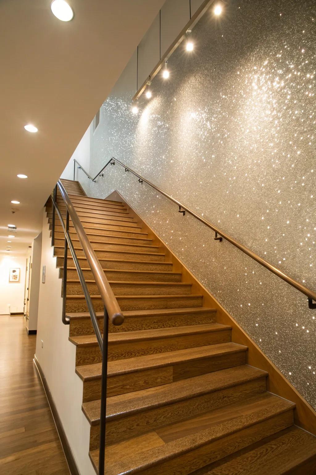 A glitter accent wall makes a statement on a staircase.