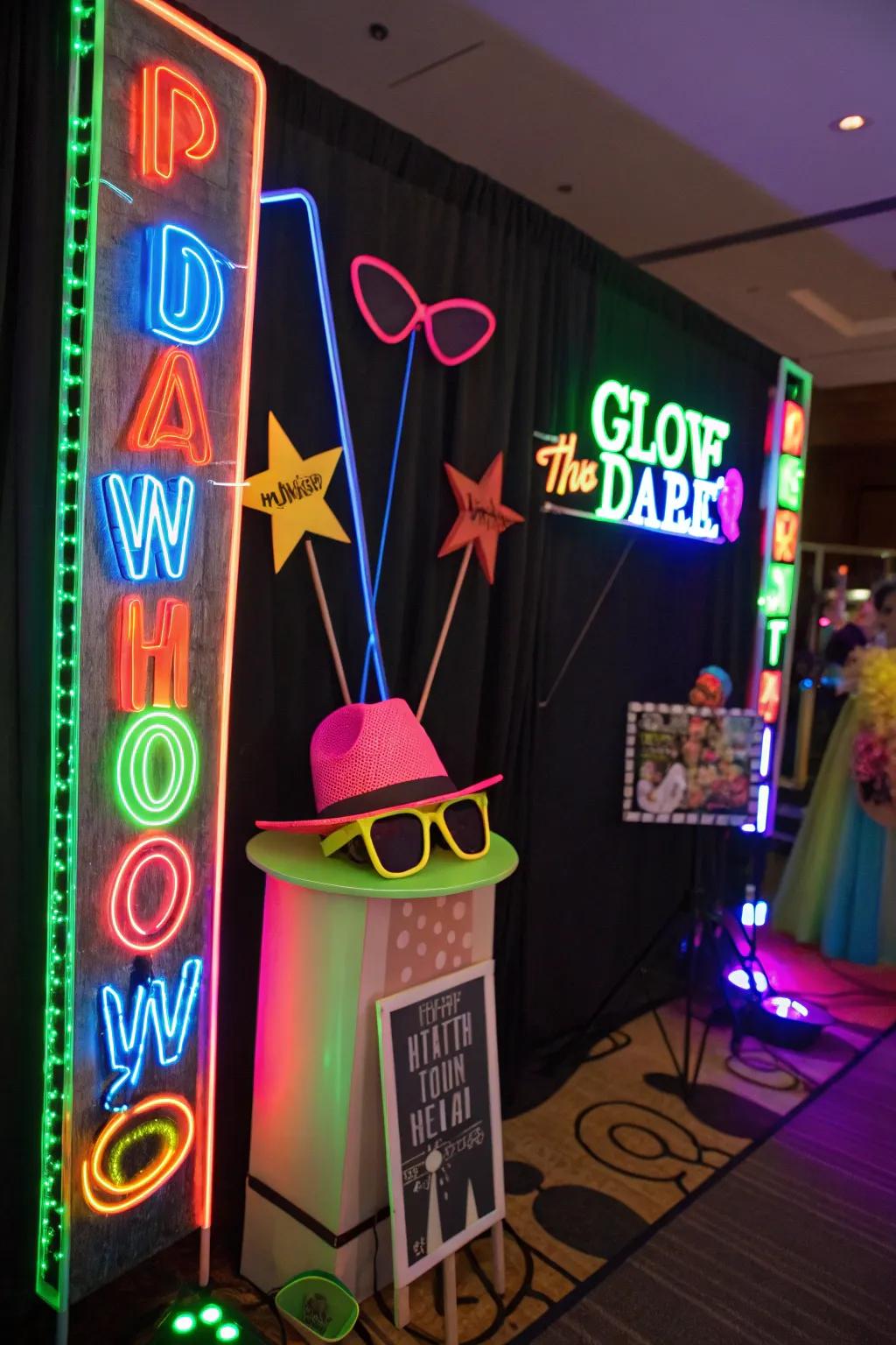 Capture the glowing moments with a themed photo booth.