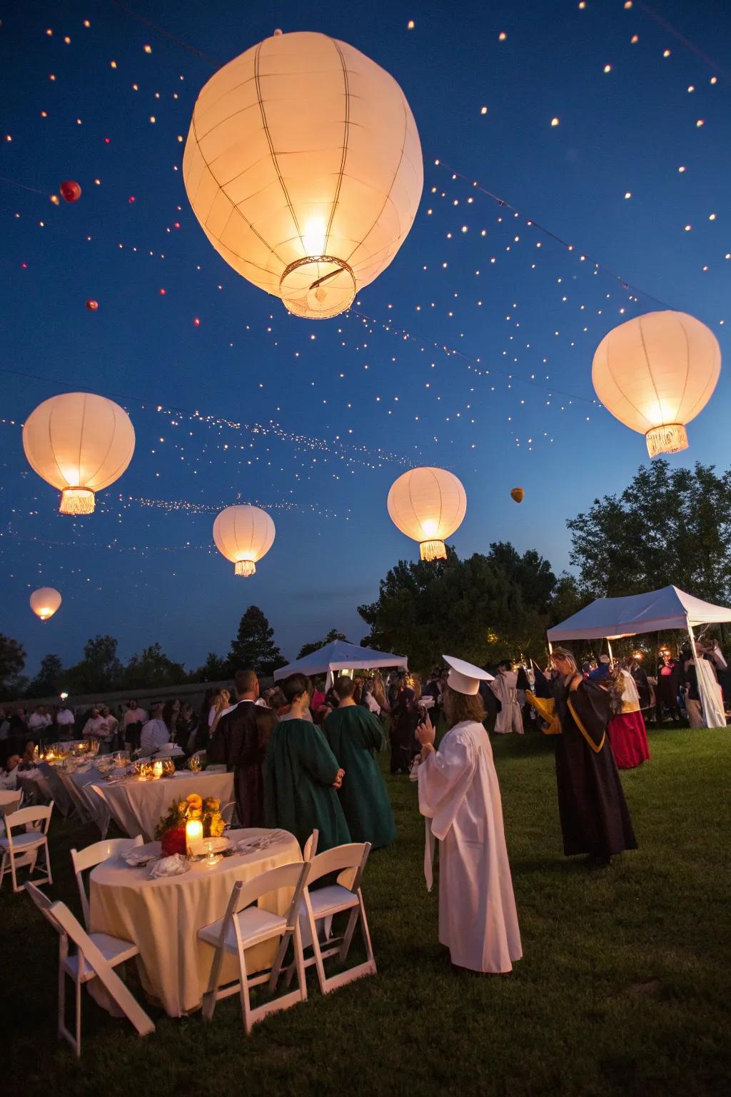 Glowing balloon lanterns providing ambient lighting at an outdoor event.