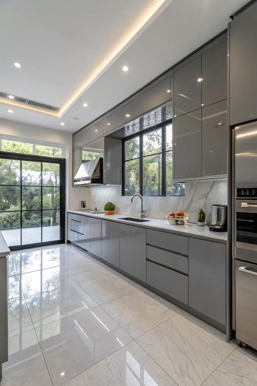 Glossy finish gray cabinets add a sleek, modern touch.