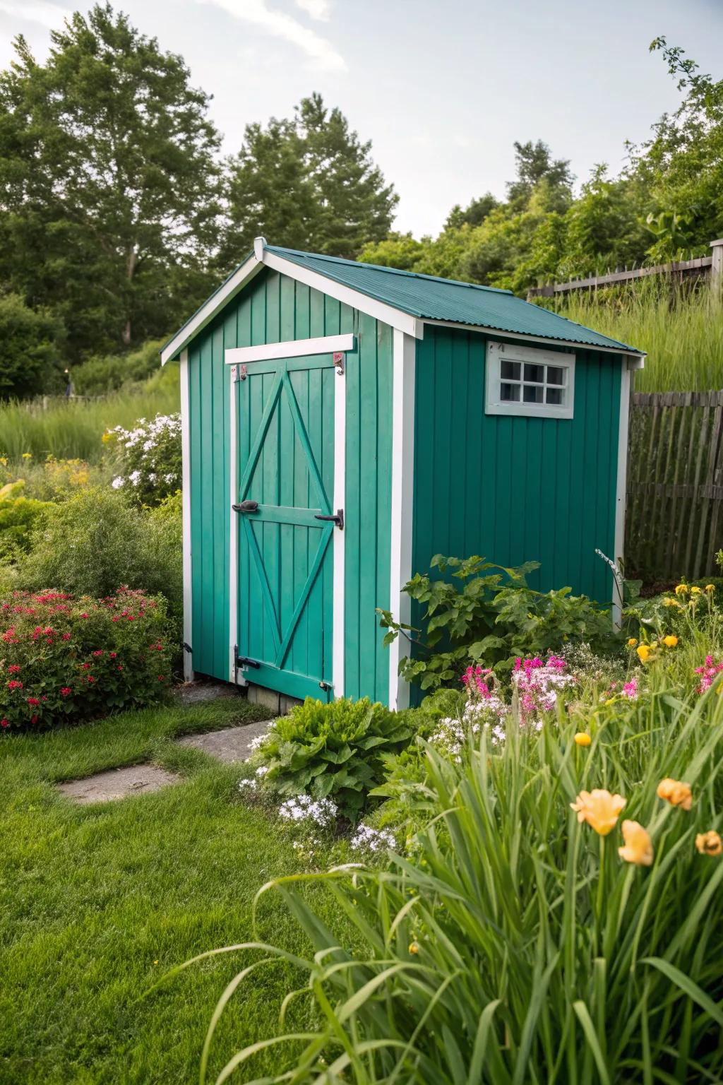 A teal green shed offers a surprising and modern touch.