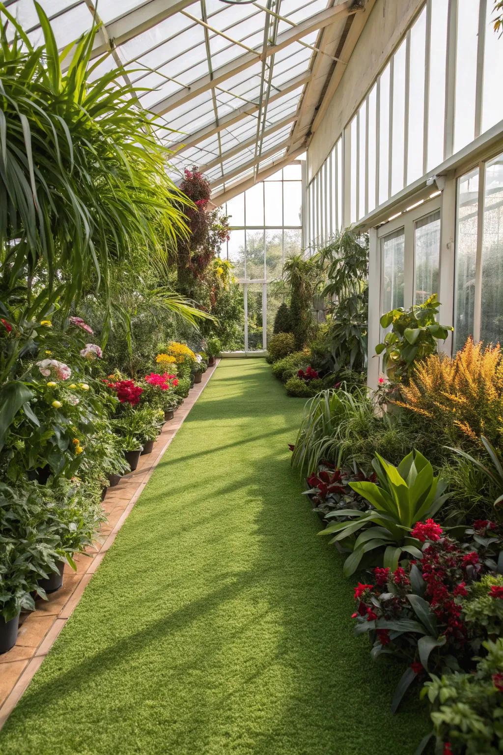 Turf carpeting creates a garden-like feel with minimal upkeep.