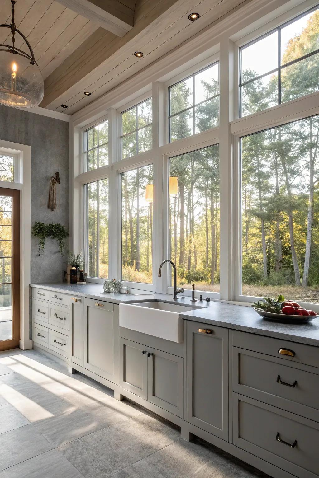 Natural light enhances the welcoming feel of a grey kitchen.