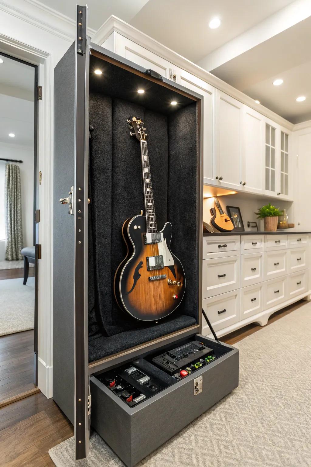 Custom storage keeping guitars organized and safe.