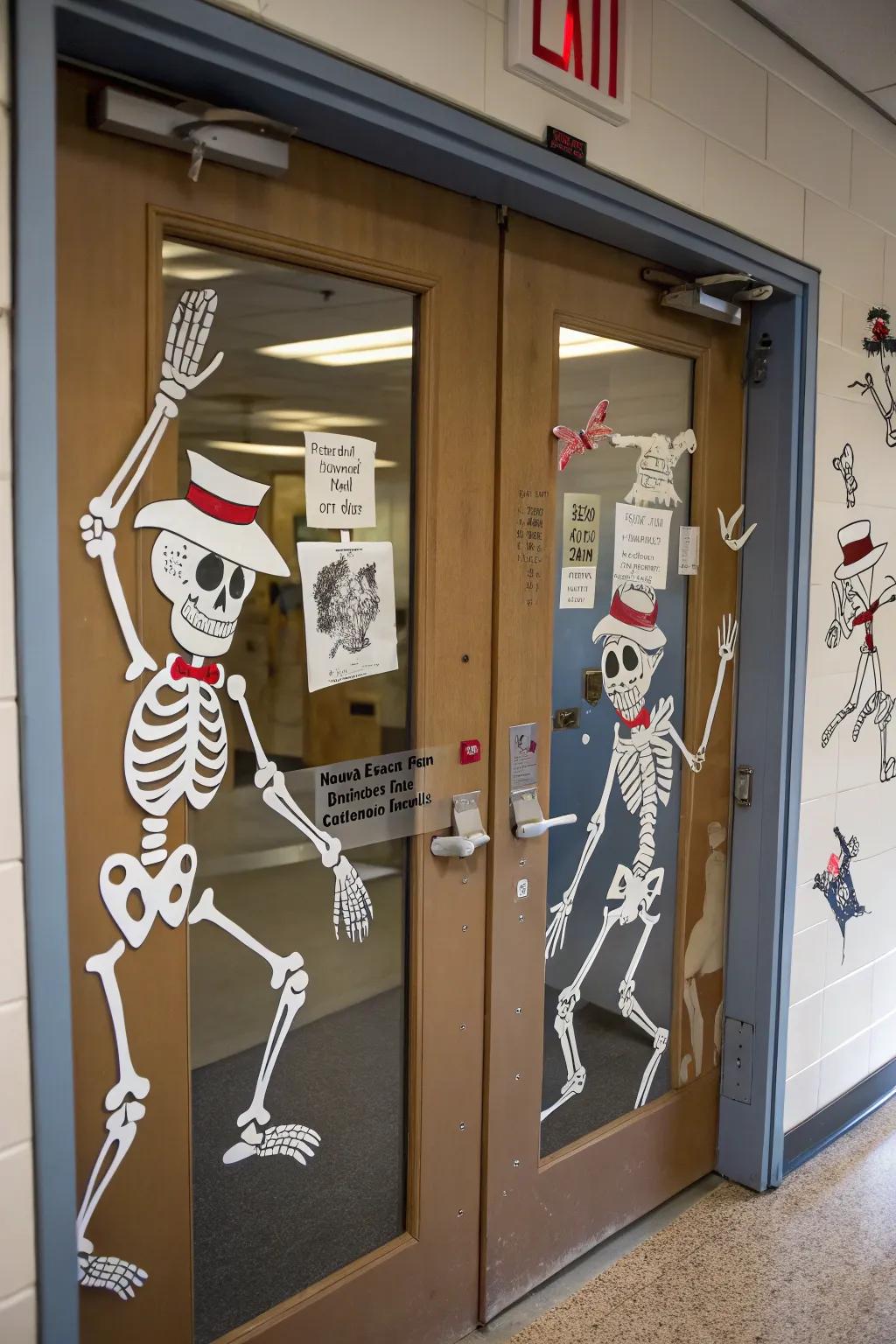 Dancing skeletons bringing a playful vibe to the school.