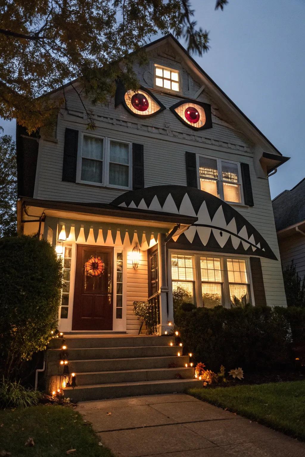 A playful monster house facade, perfect for Halloween.