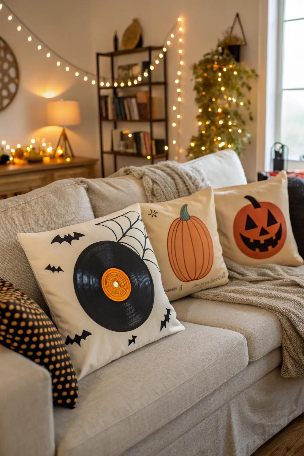 Vinyl pillows add festive flair to your sitting area.