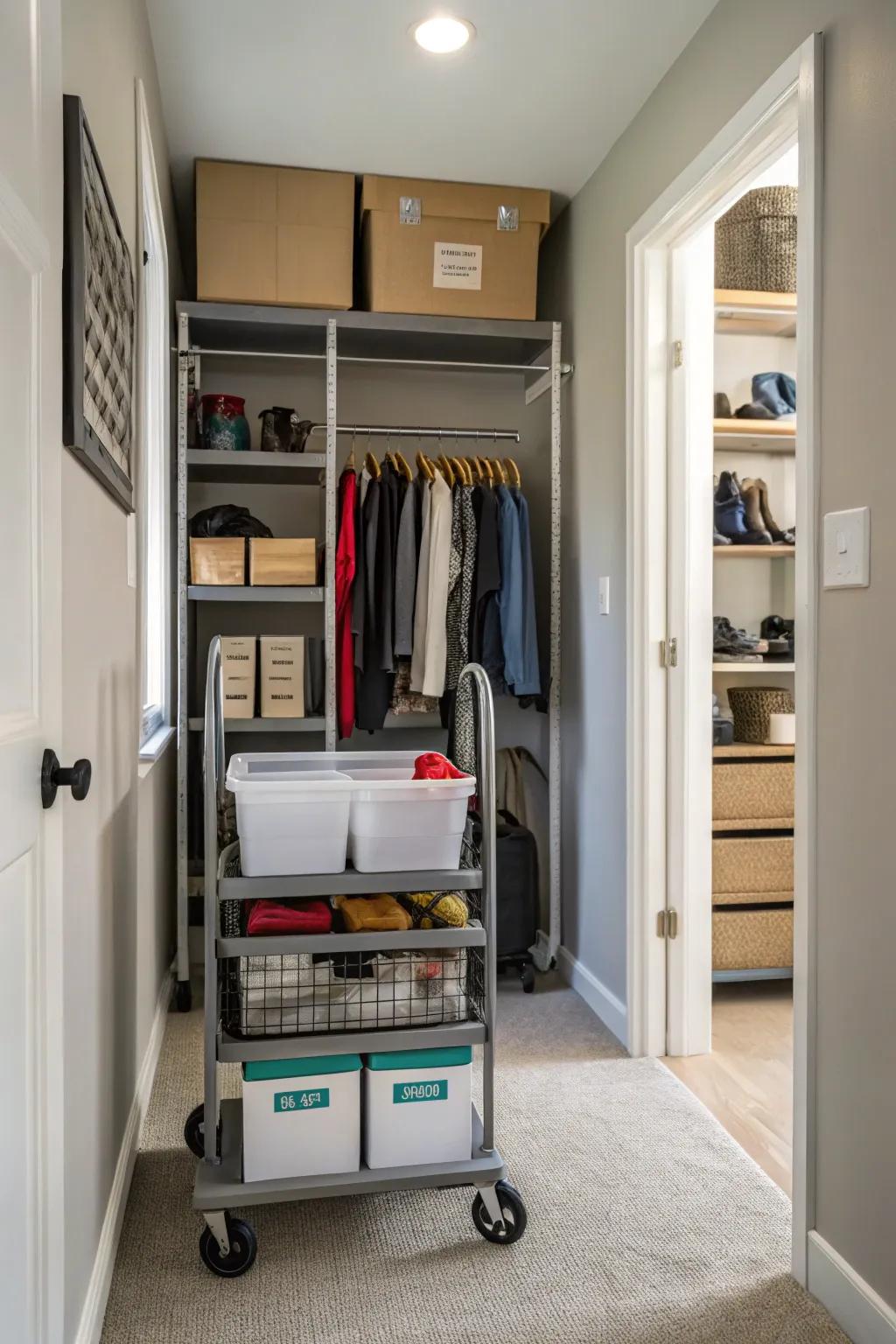 A rolling cart in a hallway closet for flexible and accessible storage.