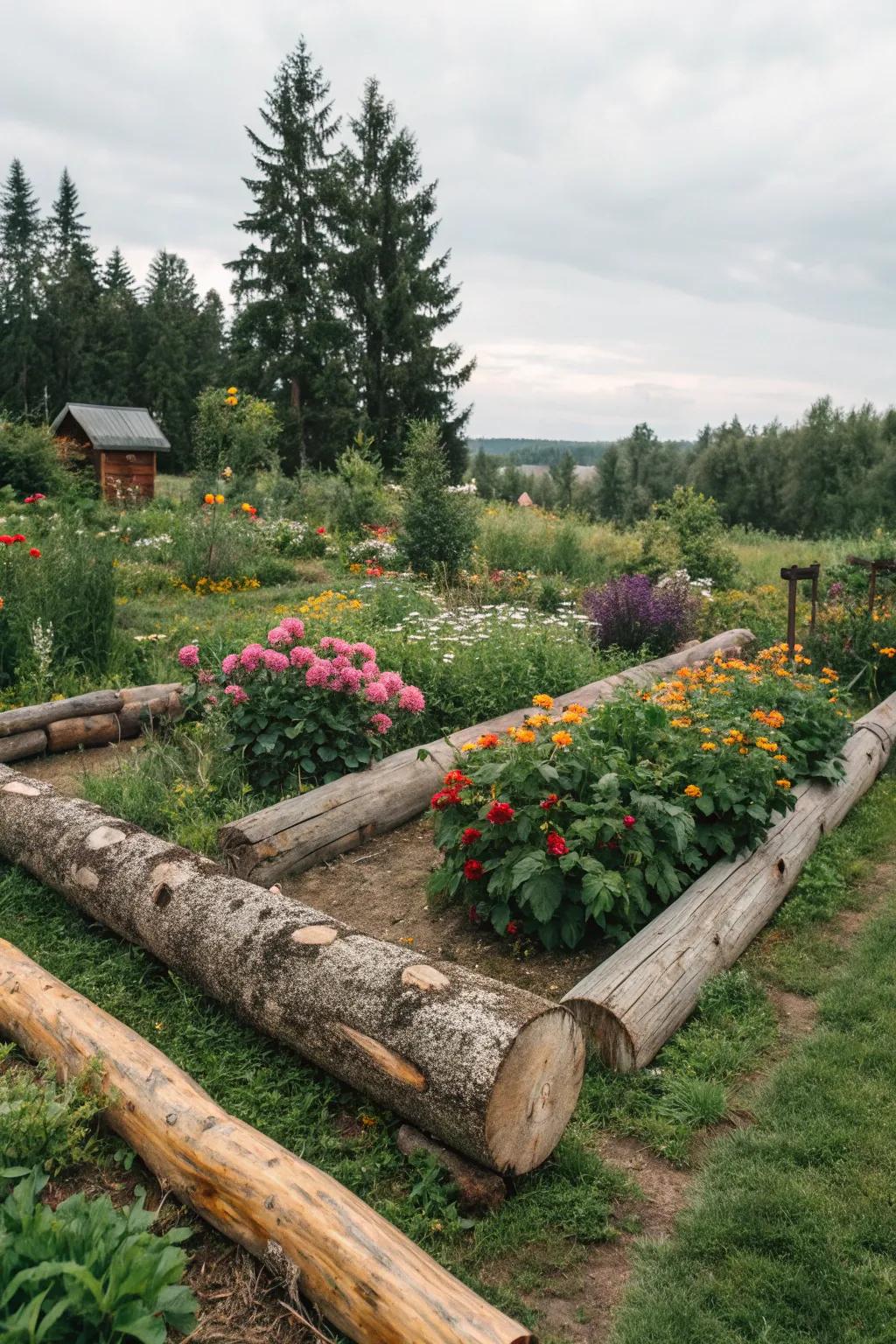 Logs offer a rustic charm and practical solution for garden borders.