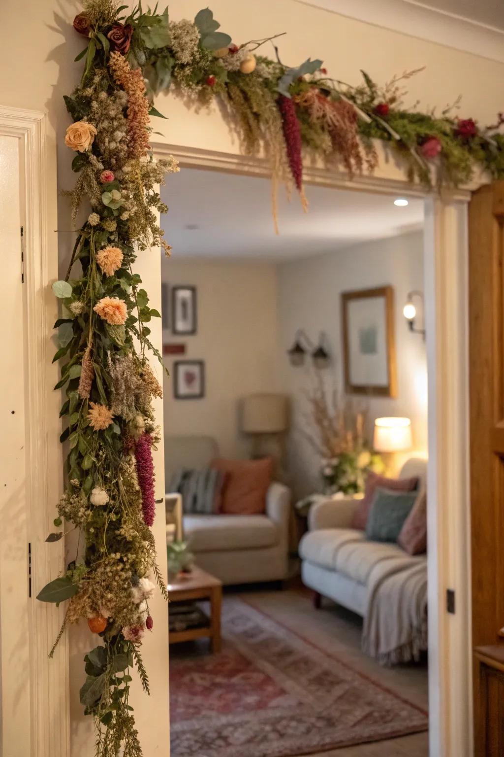 Enchanting dried flower garlands adding elegance.