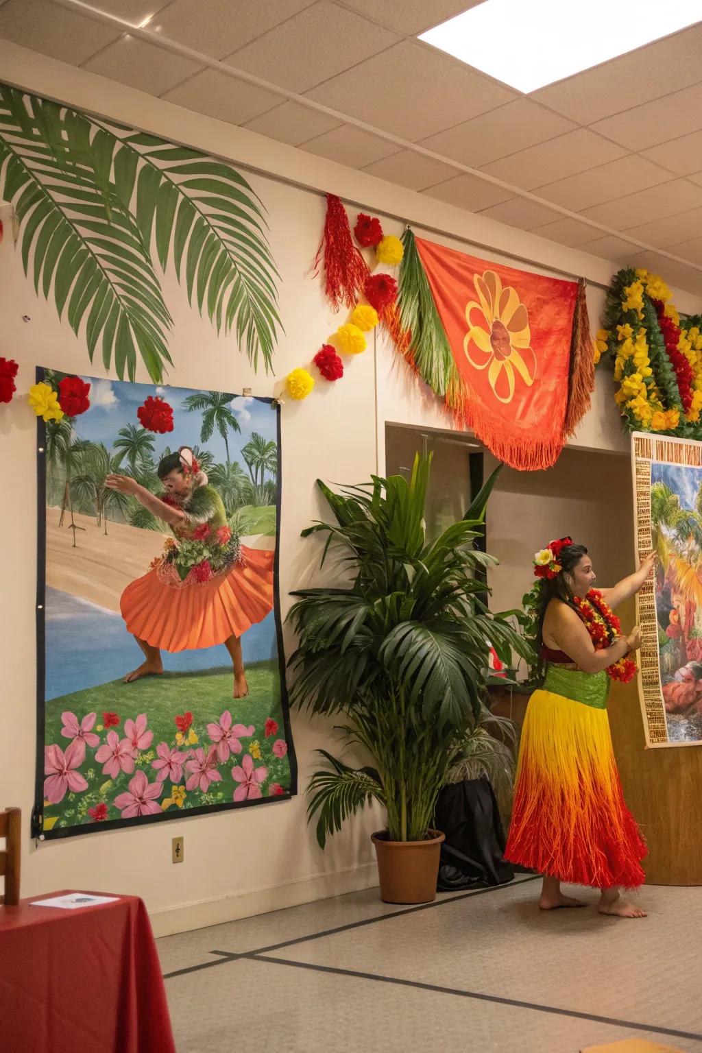 A poster of Hawaiian cultural celebrations adding vibrancy to a festive room.