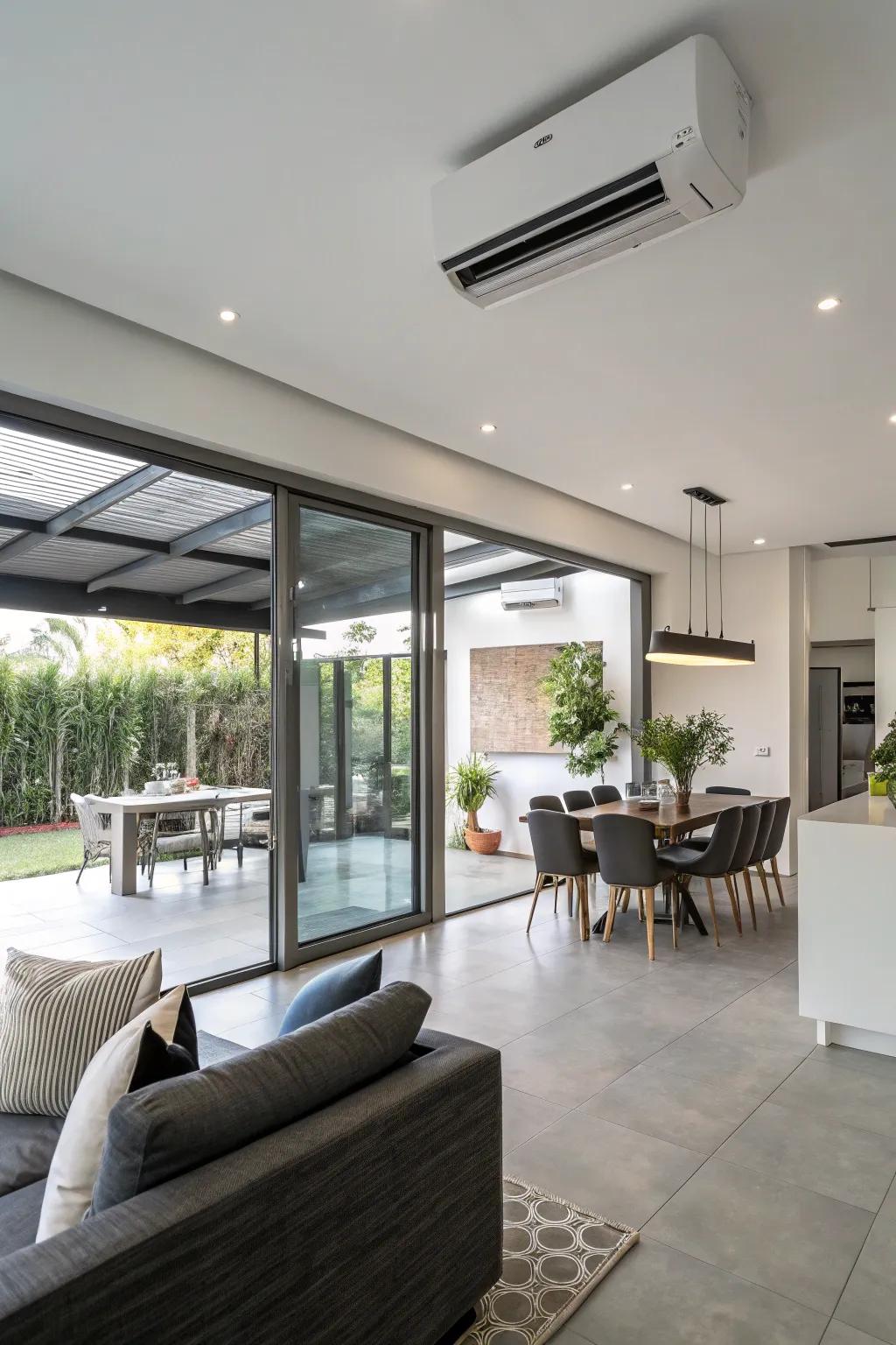 A modern open-plan living area with a ductless mini-split system for efficient heating and cooling.