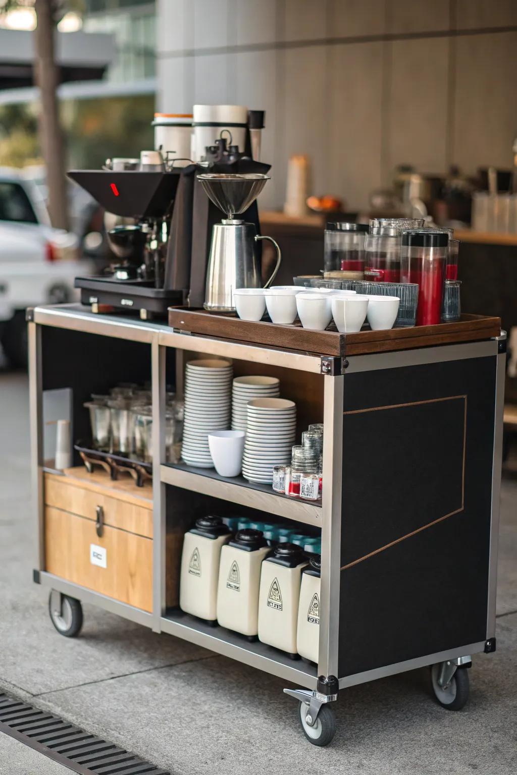 A mobile coffee cart offers convenience and flexibility in limited spaces.