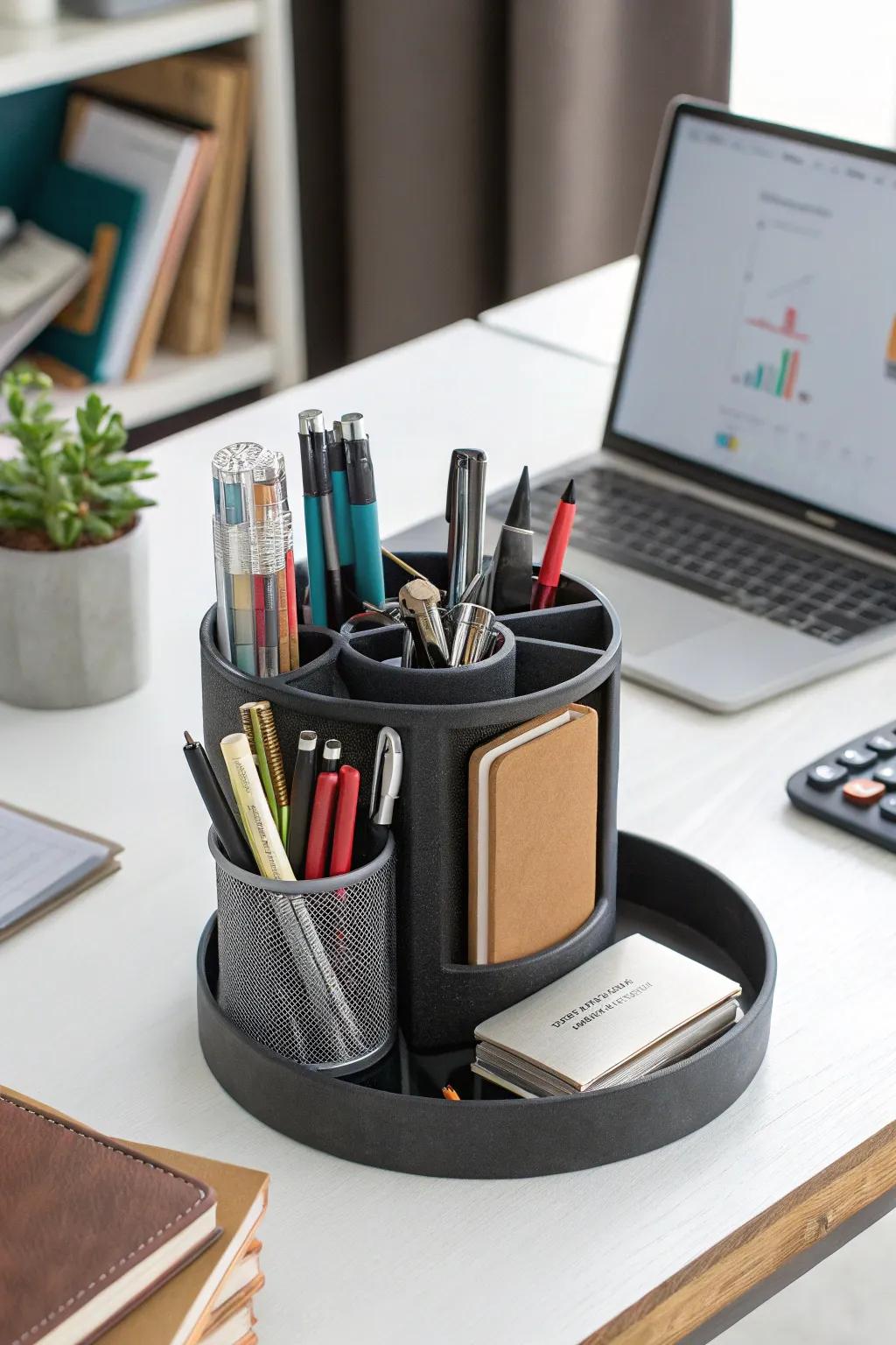 A rotating organizer keeps supplies within easy reach.