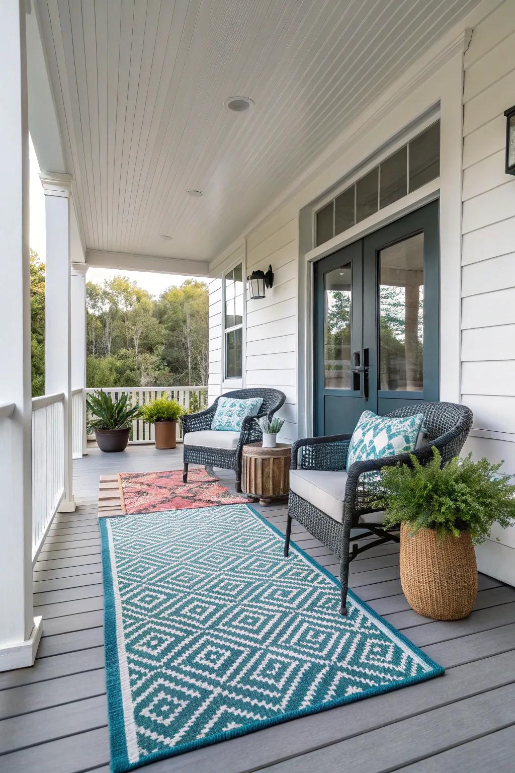 A stylish rug adds warmth and cohesion to this modern porch.