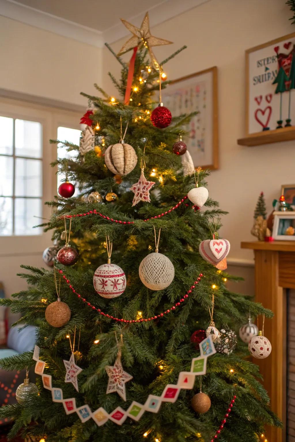 A Christmas tree adorned with unique handmade decorations for a personal touch.