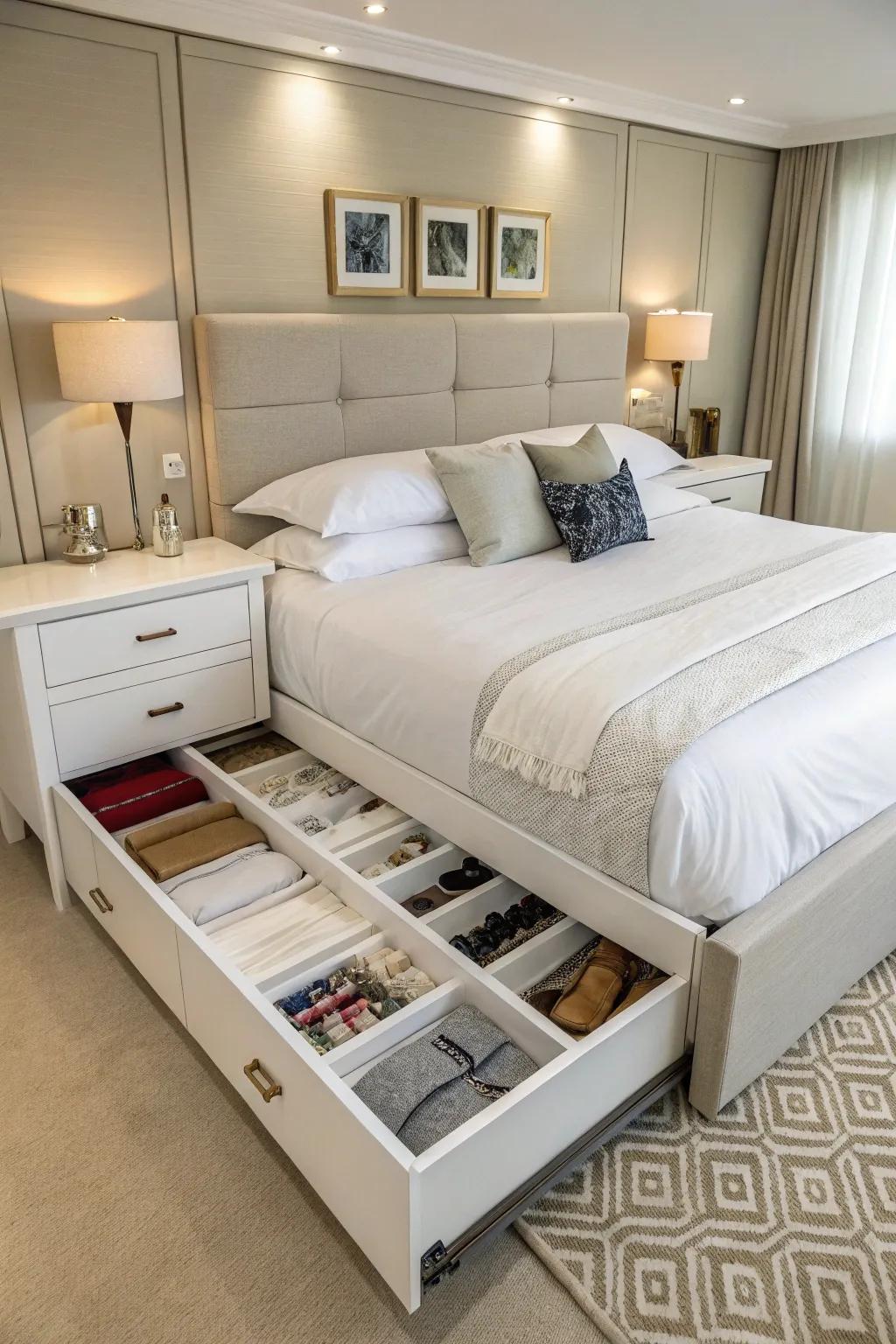 A bedroom with a bed that offers hidden storage solutions.