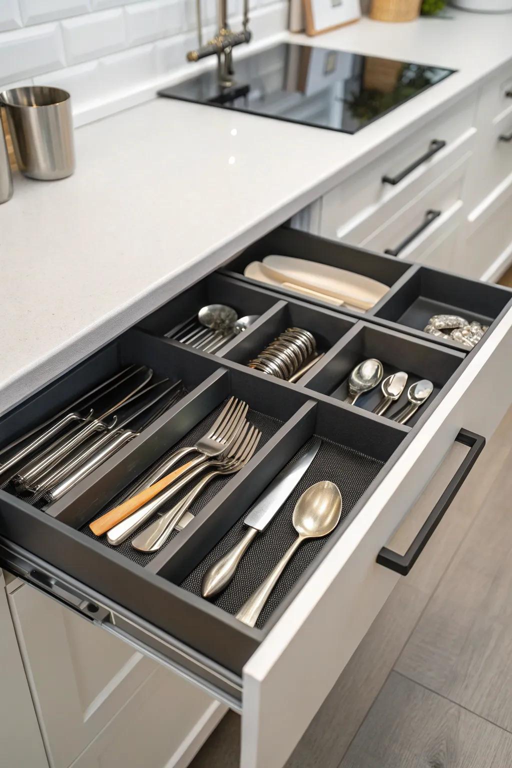 Diagonal storage maximizing drawer space.