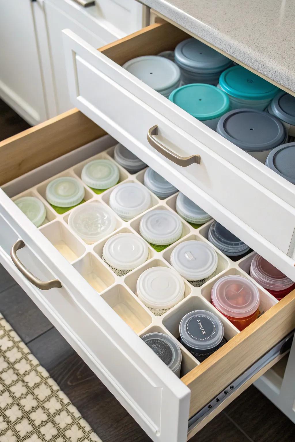 Drawer with dividers keeping plastic containers and lids organized.