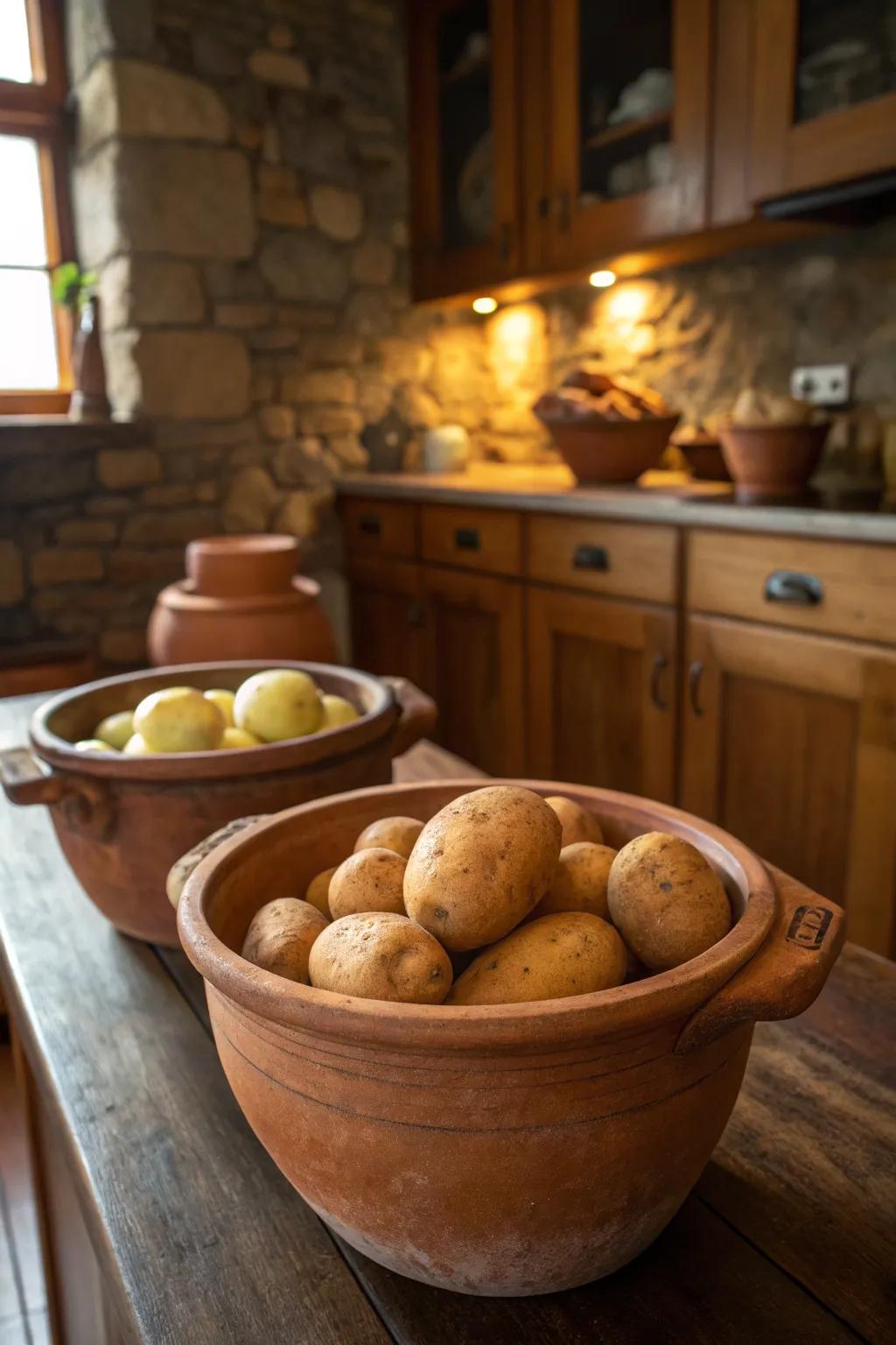 Charming rustic vibe with clay pots for potato storage.