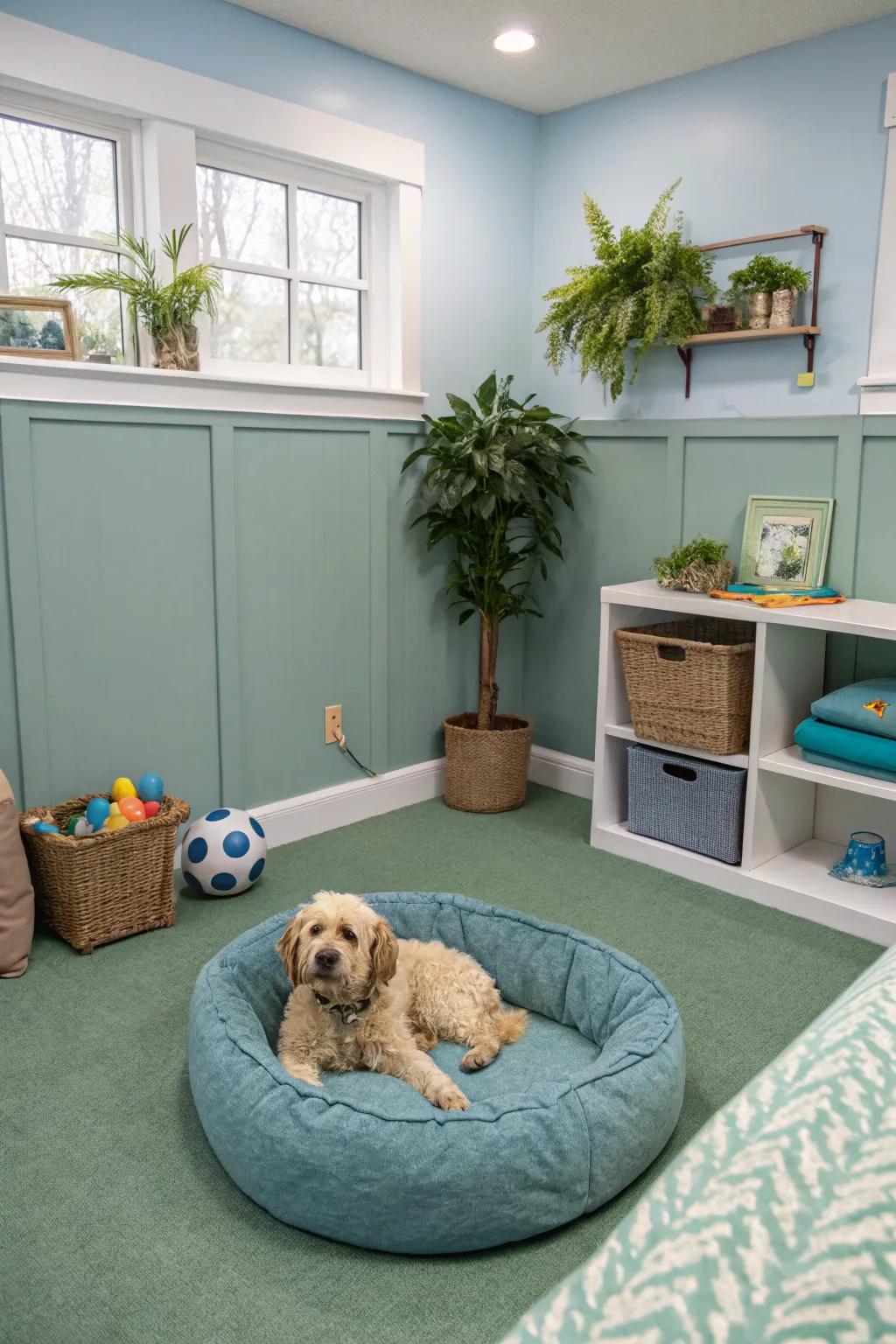 A serene dog room with calming color palettes.