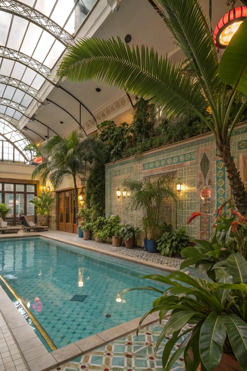 A tropical-themed indoor pool with lush greenery