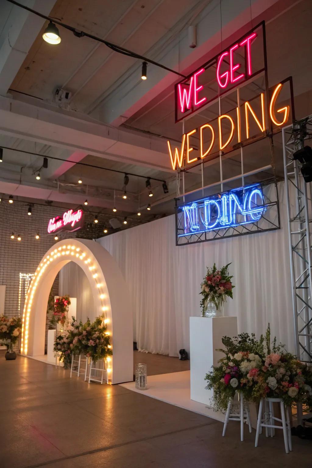 Neon signs bringing a modern and fun vibe to the wedding.