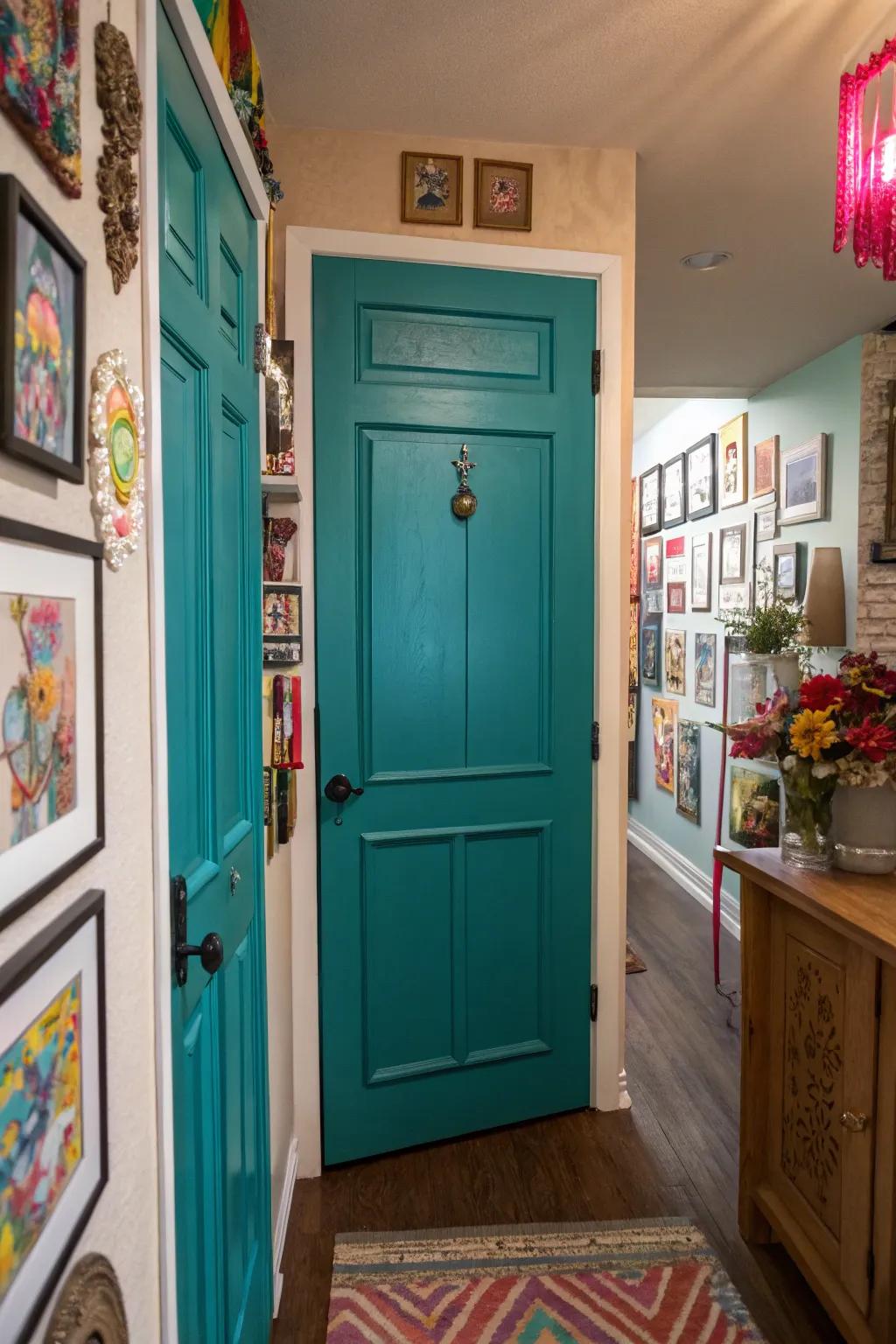 Teal doors that add mystery and character.