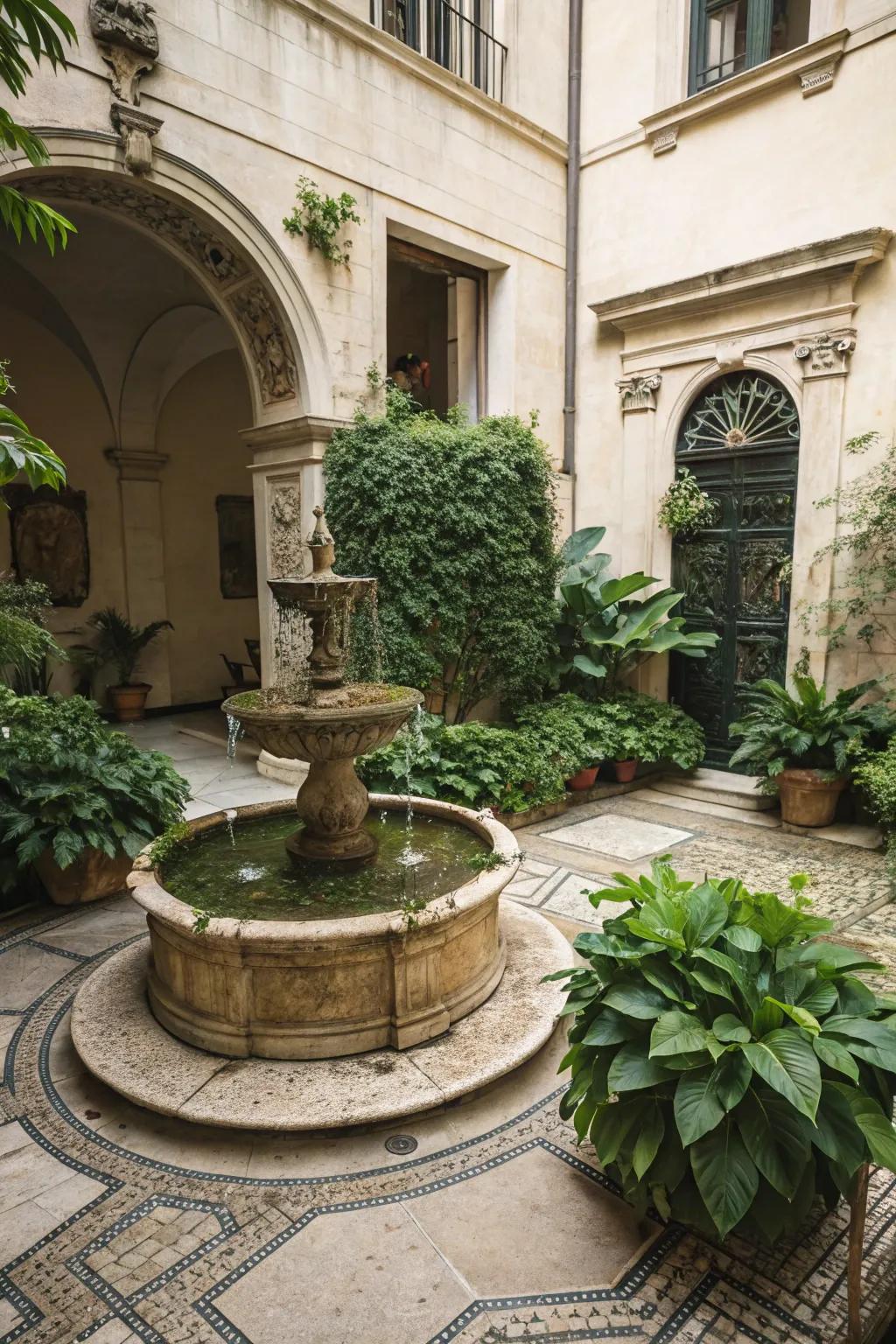 A small fountain adds tranquility and elegance to an outdoor space.