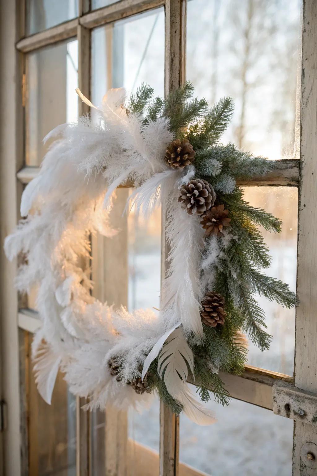 Feathers add a whimsical and airy feel to winter wreath designs.