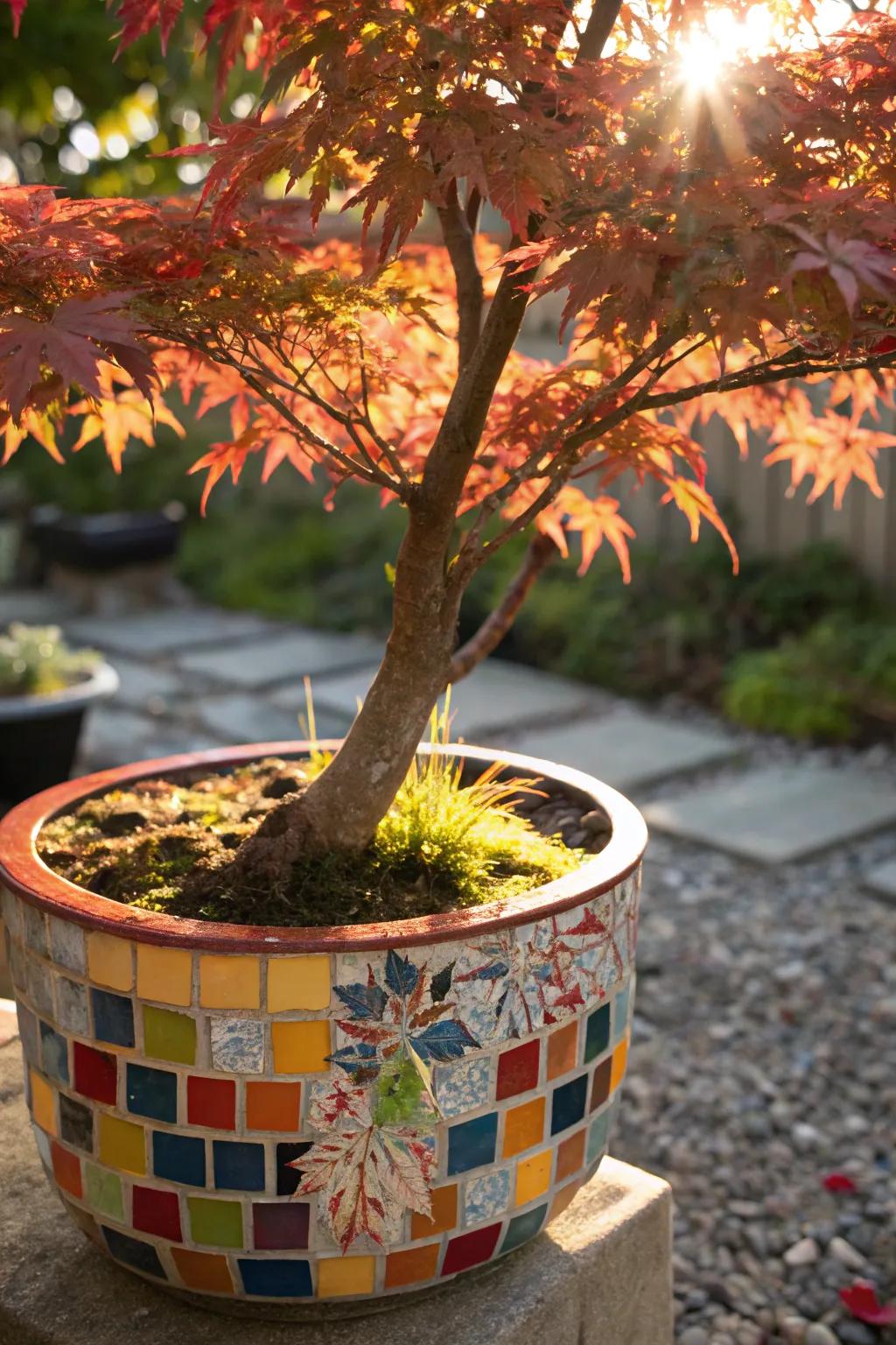 Artistic flair with a Japanese maple in a mosaic planter.