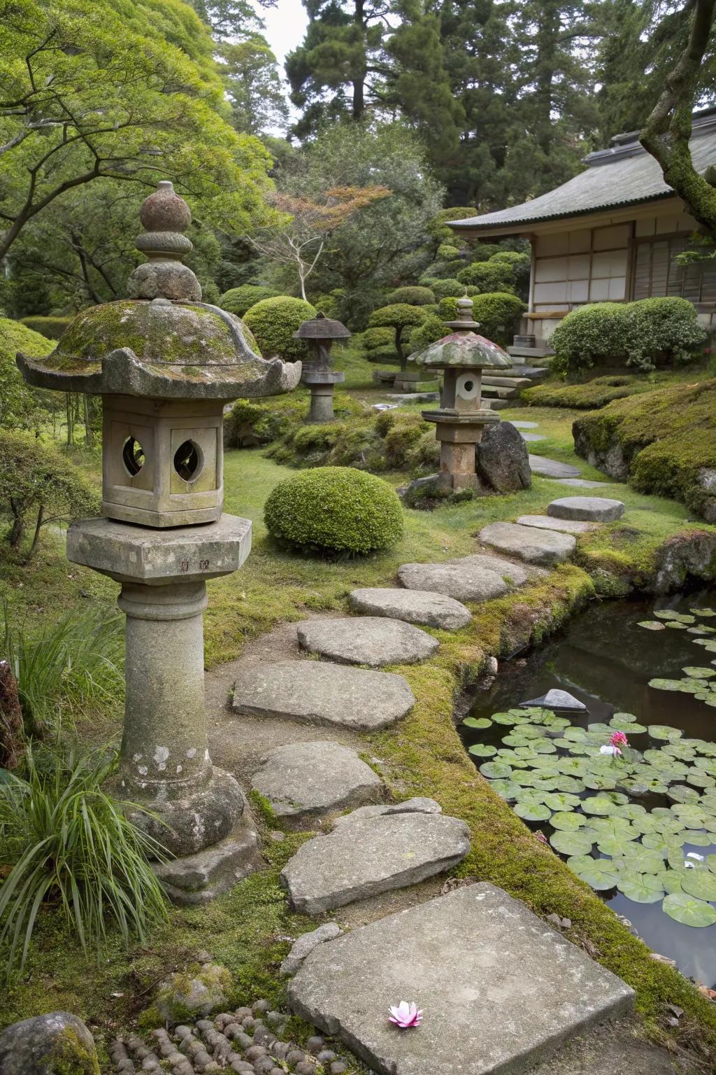 Wabi-sabi elements illustrating imperfection in a Japanese garden.