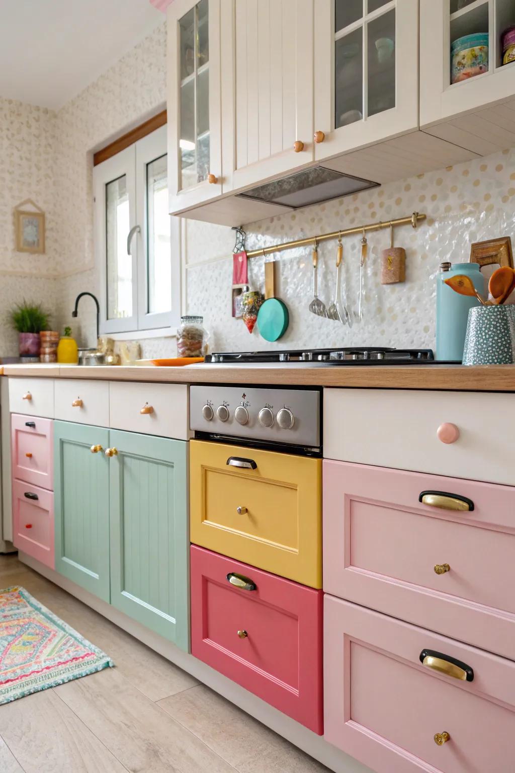 Whimsical colored hardware that adds a playful touch to the kitchen.