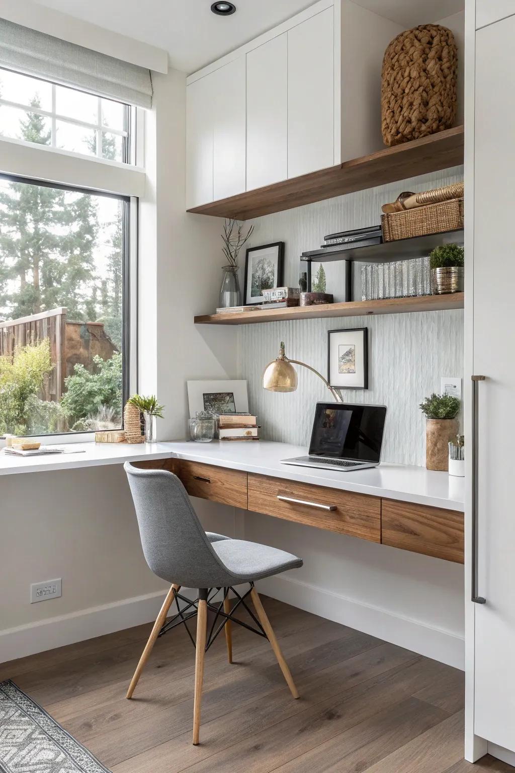 A floating desk brings minimalist charm to your kitchen nook.