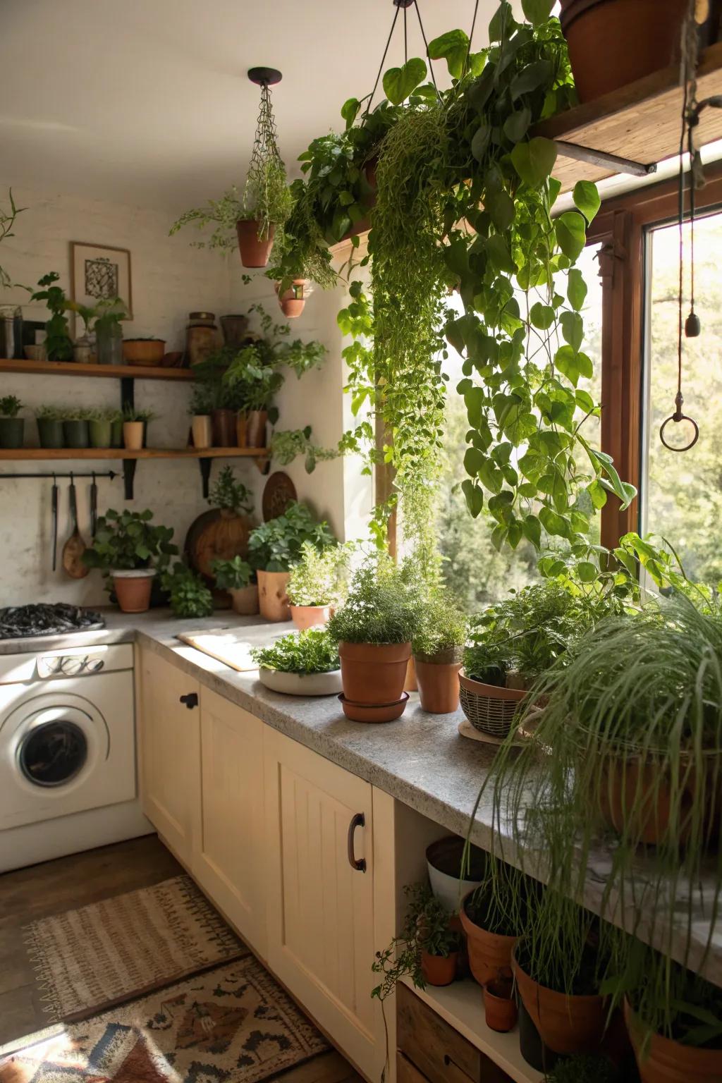 Plants add a lively and refreshing touch to the kitchen.