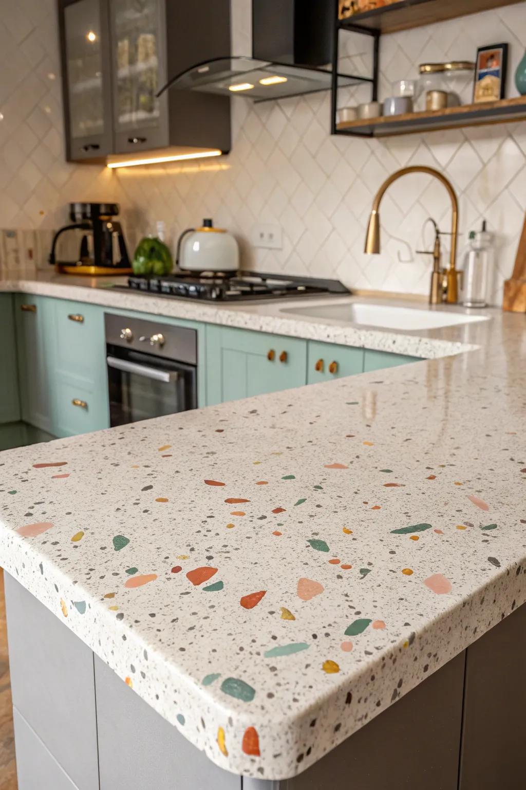 Terrazzo worktops blend character with durability.