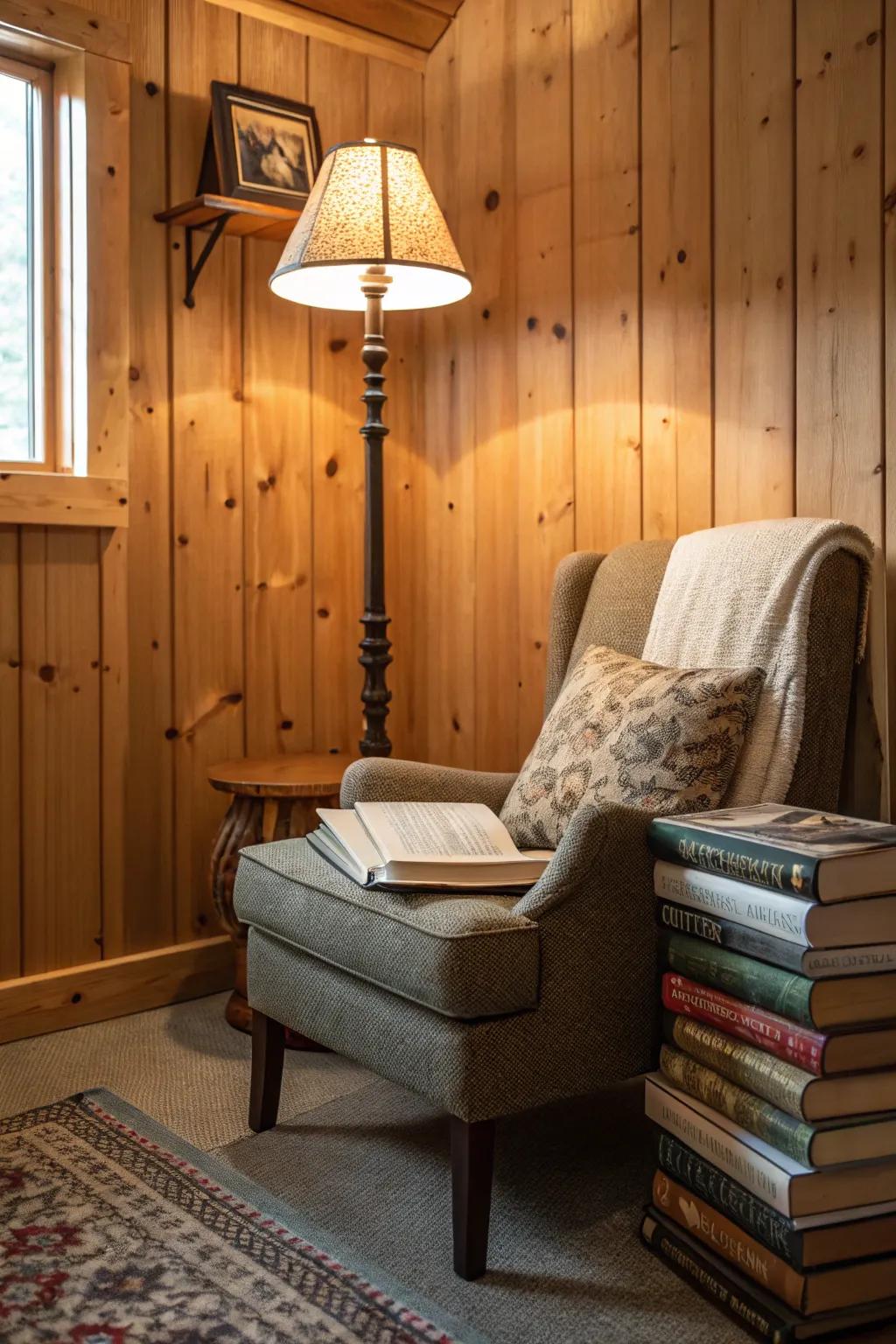 A cozy reading nook perfect for relaxation in a knotty pine cabin.