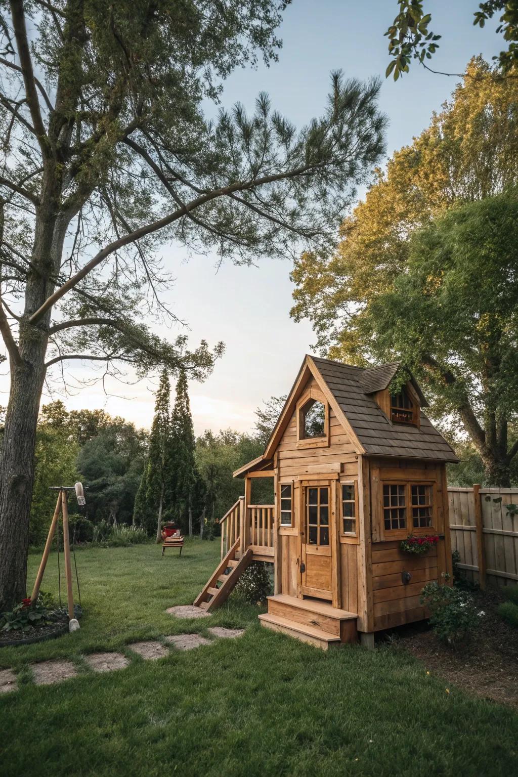 A timber playhouse becomes a magical play area for children.